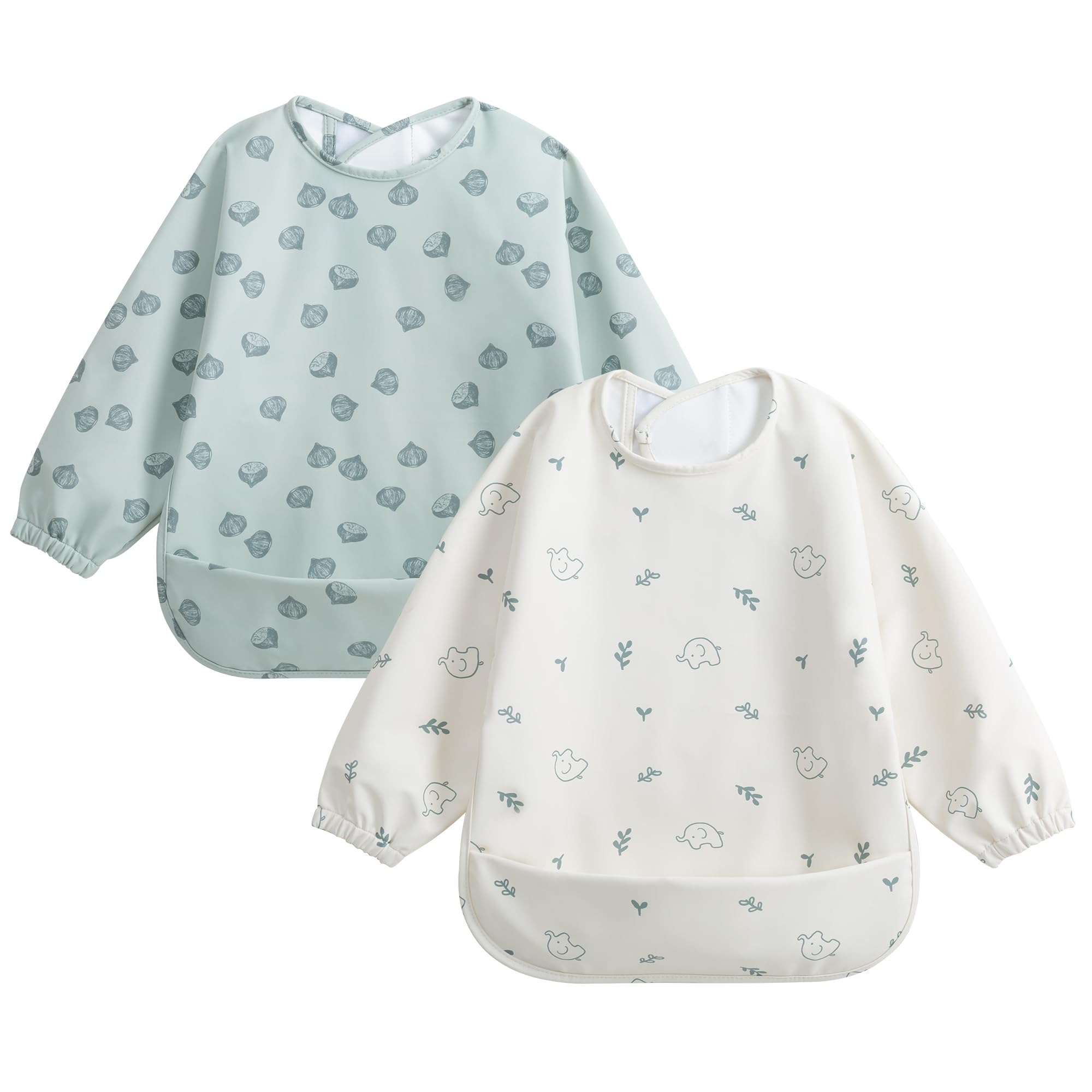 Little Dimsum Waterproof Long Sleeve Bib, 2PCS Baby Bibs, Waterproof Baby Bibs, Painted Aprons for Children 6-3 Years Old(Lefants & Chestnuts)