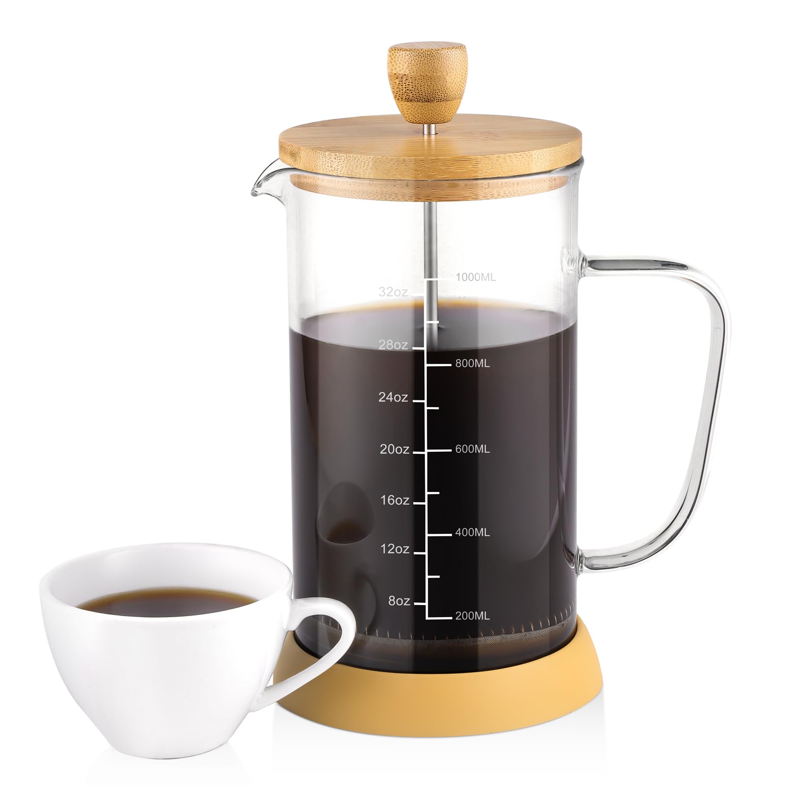 wedrink French Press Coffee Maker 34oz - Thicken Heat-Resistant Borosilicate Glass Bamboo Lid Plastic Free Coffee Press (1000ml)