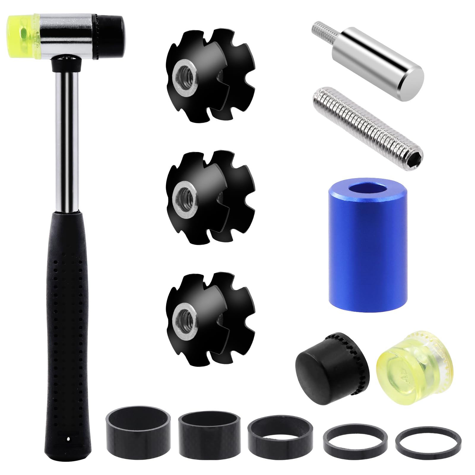 Mardatt 15Pcs Bike Bicycle Fork Star Nut Setting Installer Tool Includes 5 Sizes Bike Carbon Fiber Headset Spacer, Star Nuts, Rubber Hammer and Screws for Bicycle Repair (3mm 5mm 10mm 15mm 20mm)