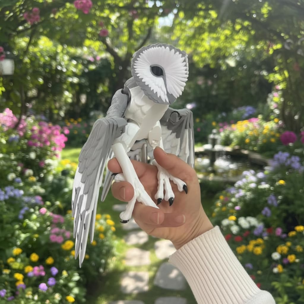 3D Printed Movable Hamster Owl– Poseable Owl Figurine Fully Flexible Wings & Head Sensory Fidget Desk Toy (Gray/White, Small Multicolor)