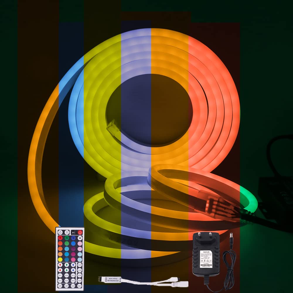 RGB Neon LED Streifen 6M, DC12V 3535 108LEDs/m Silikon Flexibler Neonstreifen, Multi-Farbwechsel Neon LED Lichtband mit Netzteil & IR Fernbedienung für Schlafzimmer, Weihnachtsfeier