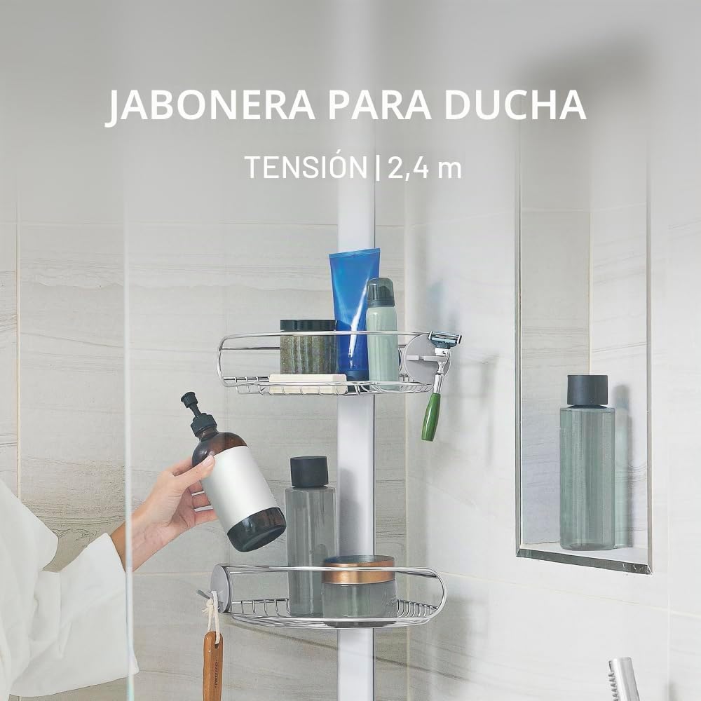 simplehuman BT1109DC - Organizador telescópico de ducha de tensión media, estante esquinero de almacenamiento, se extiende de 1,5 m a 2,4 m, fácil de instalar, sin taladrar, resistente al óxido,