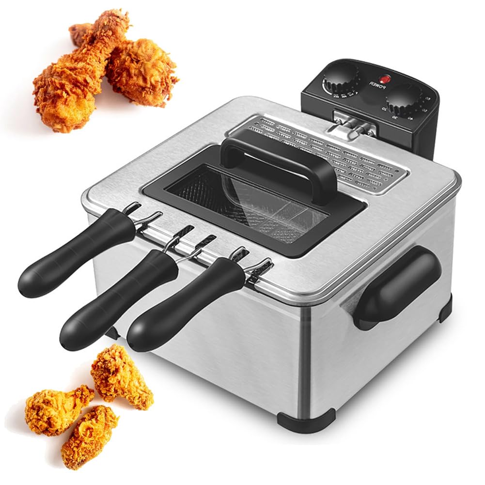 AYCDL Stainless Steel Deep Fat Fryer, Commercial Countertop Kitchen Frying Machine with Basket & Lid, Easy Clean and Adjustable Temperature Control, 5 Litre Capacity