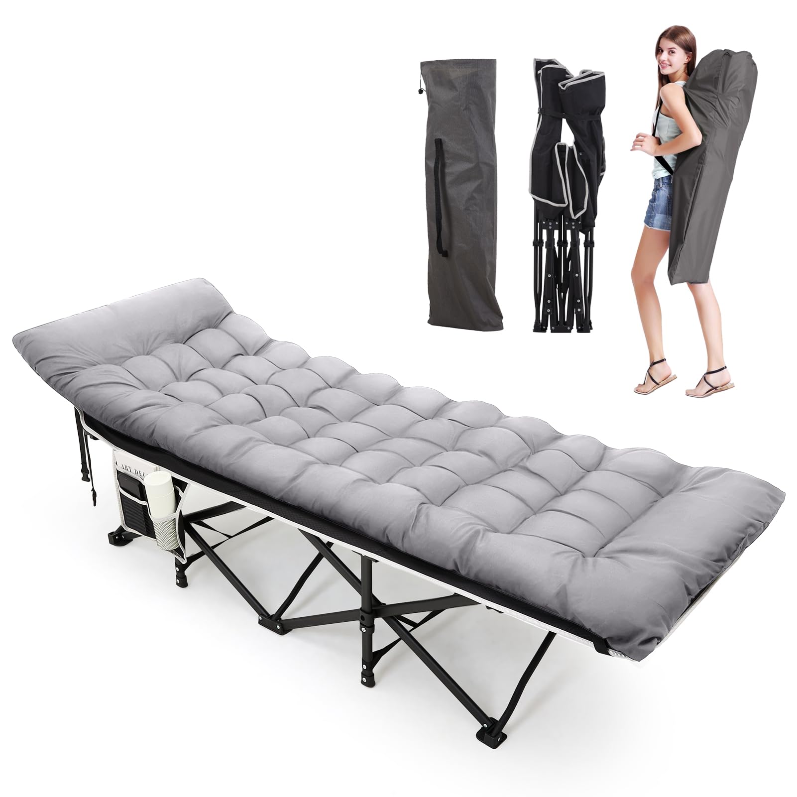 Warmiehomy Folding Camp Bed for Adults with Mattress, Double Layer 1200D+600D Foldable Camping Cot with Side Pocket, Support 616 LBS, Lightweight Portable Single Bed for Picnic, Nap, Garden (Grey)