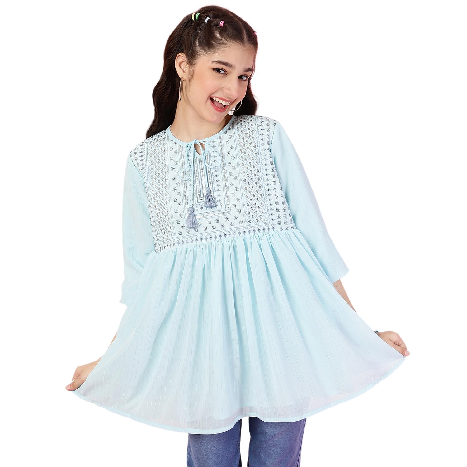 ishti Girls Floral Sequins Embroidered 3/4 Sleeves with Neck Tie-Up Top|Regular Fit| Tie-Up Neck |Casual Top|Summer|Embroidered|Solid Color top-picture-11
