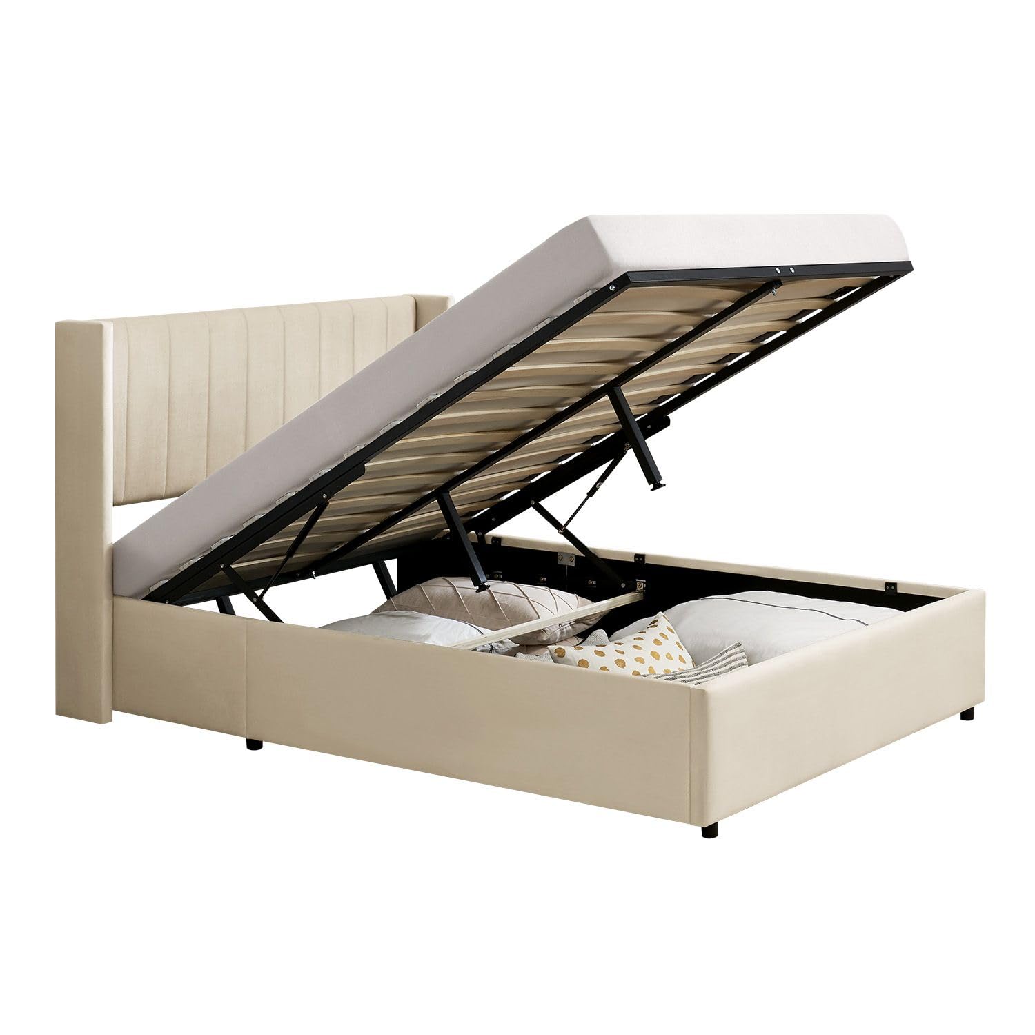 Juskys Lit rembourré Savona 120x200 cm avec Coffre, sommier à Lattes, Housse en Velours, Cadre de lit en Bois, jusqu'à 250 kg, Grande tête de lit, Beige