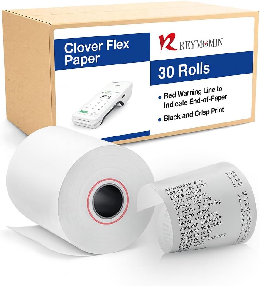 Clover Flex Paper Rolls - 30 Rolls - 2 1/4'’ x 50’- 48 GSM - Clover Flex Receipt Paper Compatible for C401, C403, C405 and C406 POS Machines - BPA Free Material