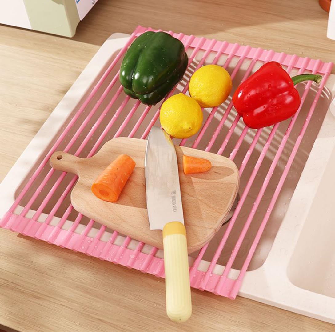Escurridor de platos enrollable sobre el fregadero. Escurridor de cocina plegable, barra de acero inoxidable totalmente cubierta de silicona, resistente al calor, estante antideslizante