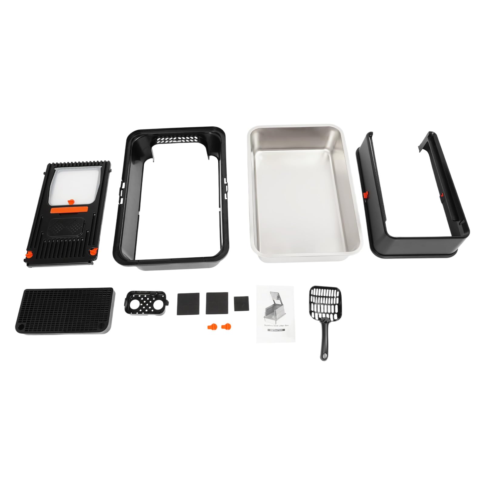 Caja de arena cerrada de acero inoxidable con tapa, caja de arena para gatos con pala, pedal de basura y almohadillas de agarre con apertura en forma de U, adecuado para gatos de hasta 15 kg (negro)