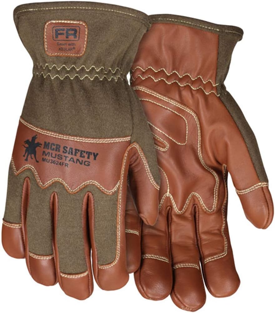MCR Safety MU3624FRL Mustang Utility Driver Glove, Grain Goat Double Palm Unlined, Nomex® Back, Kevlar® Sewn, Wing Thumb, Hand Protection, Utility, Construction, 1-Pair, Large,Brown