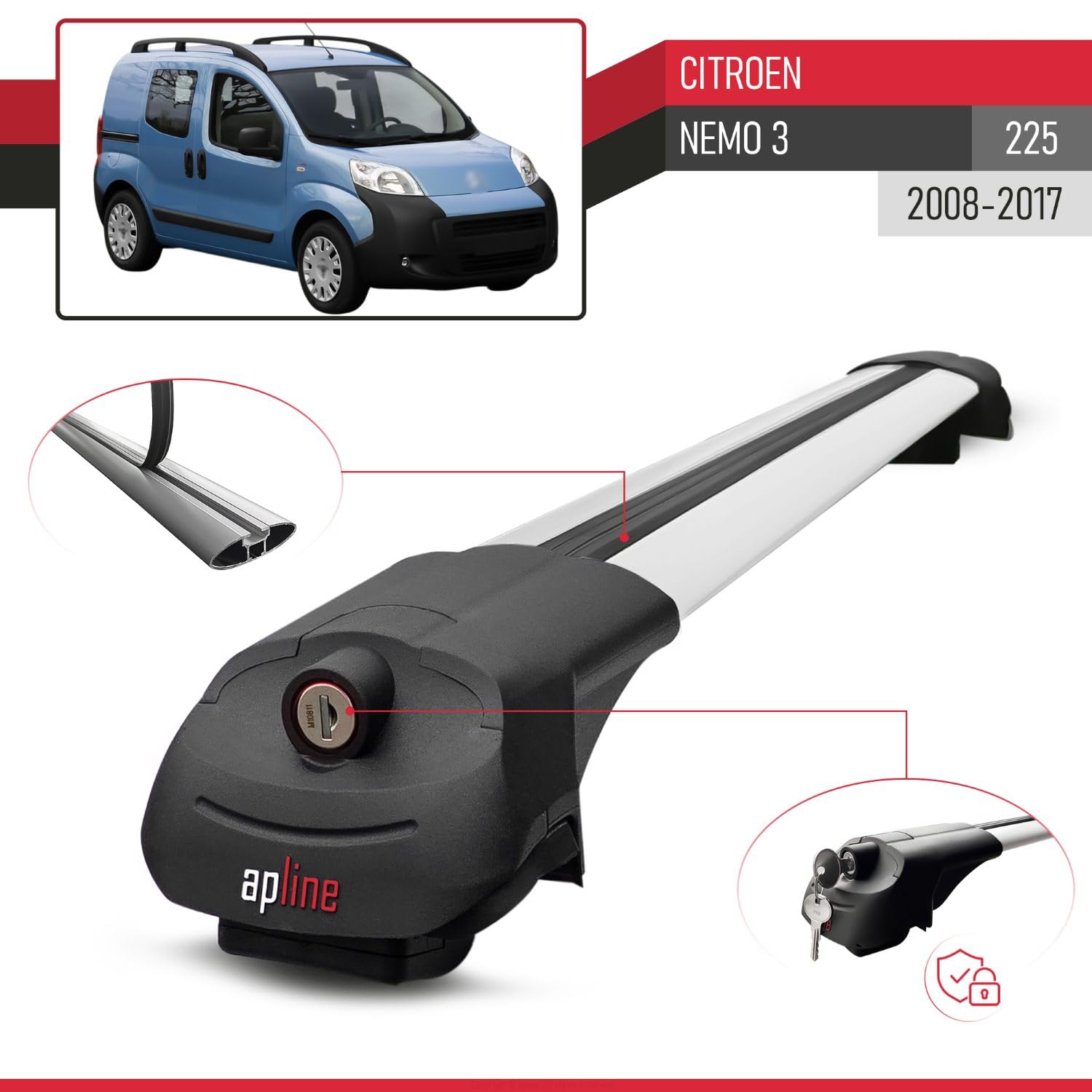 Pasuje do Citroen Nemo 3 (225) 2008-2017 ACE-1 relingi dachowe bagażnik samochodowy, szary, aluminium, 2 pręty