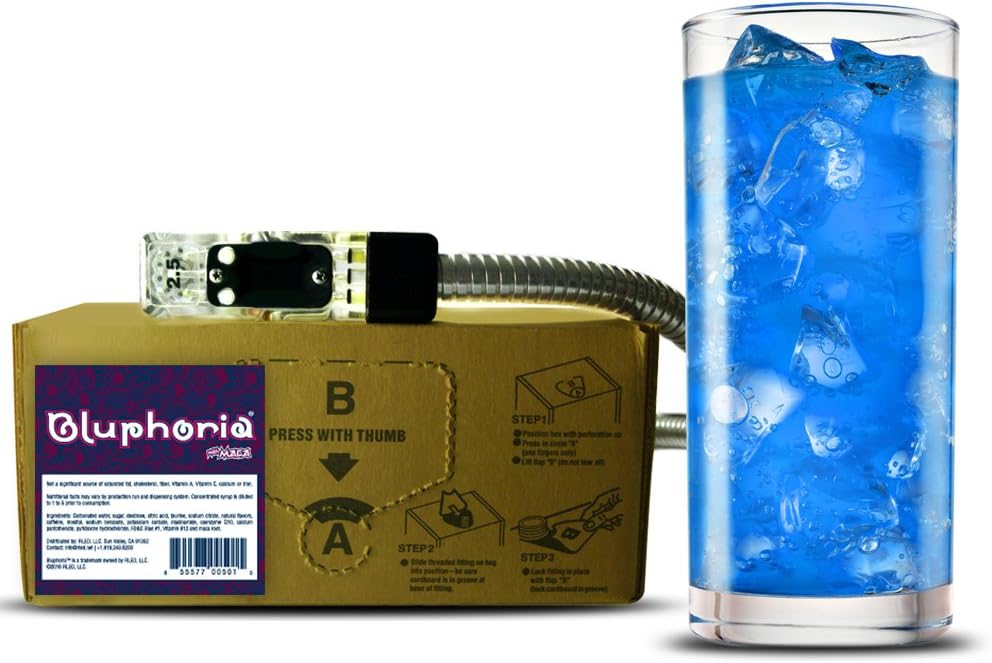 Bluphoria energy drink (1 Gallon Bag-in-Box Syrup Concentrate) - Box Pours 6 Gallons of Blue-Raspberry Energy Drink - Use with Bar Gun, Soda Fountain or Home Beverage System