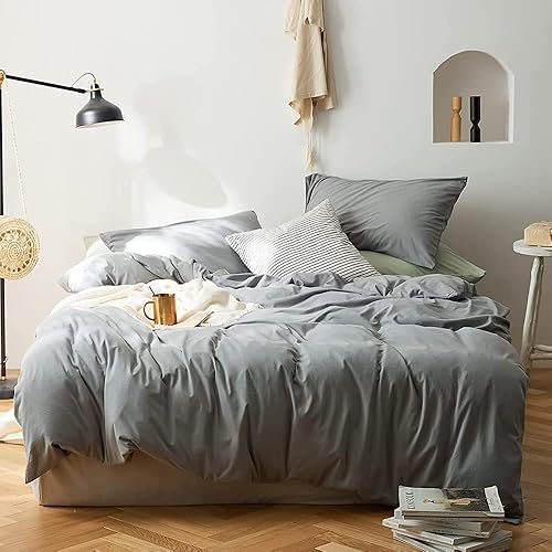 Grey Duvet Cover Queen Size Jersey Cotton Duvet Cover,Soft Queen Comforter Cover Set 3 Pieces with Zipper Closure,1 Gray Duvet Cover 90x90 Inches,2 Pillow Shams 20x26 Inches,Comfy,Full/Queen