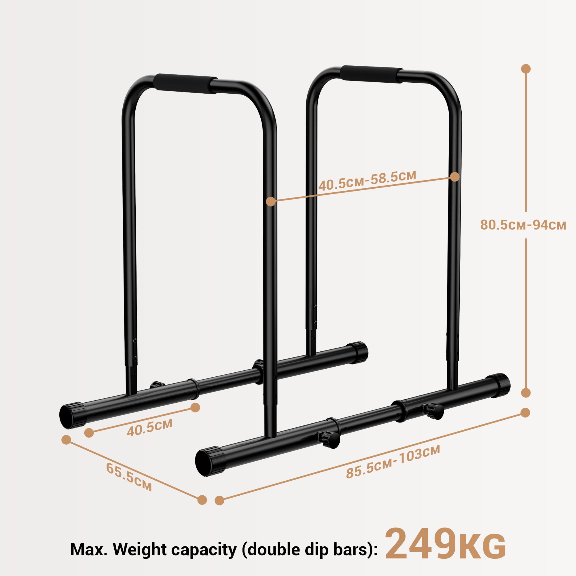Barras Paralelas Ajustables para Fondos, Barras de Calistenia, Estación de Entrenamiento y Musculación para Casa, Altura 80,5-94 cm, Ancho 85-103 cm, Capacidad de Carga 249 kg