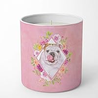 Vista 1 de Caroline's Treasures CK4140CDL Bulldog Inglés Flores Rosadas 10 oz Vela de Soja Decorativa Naturaleza Cera de Soja Aceite Esencial Decoración