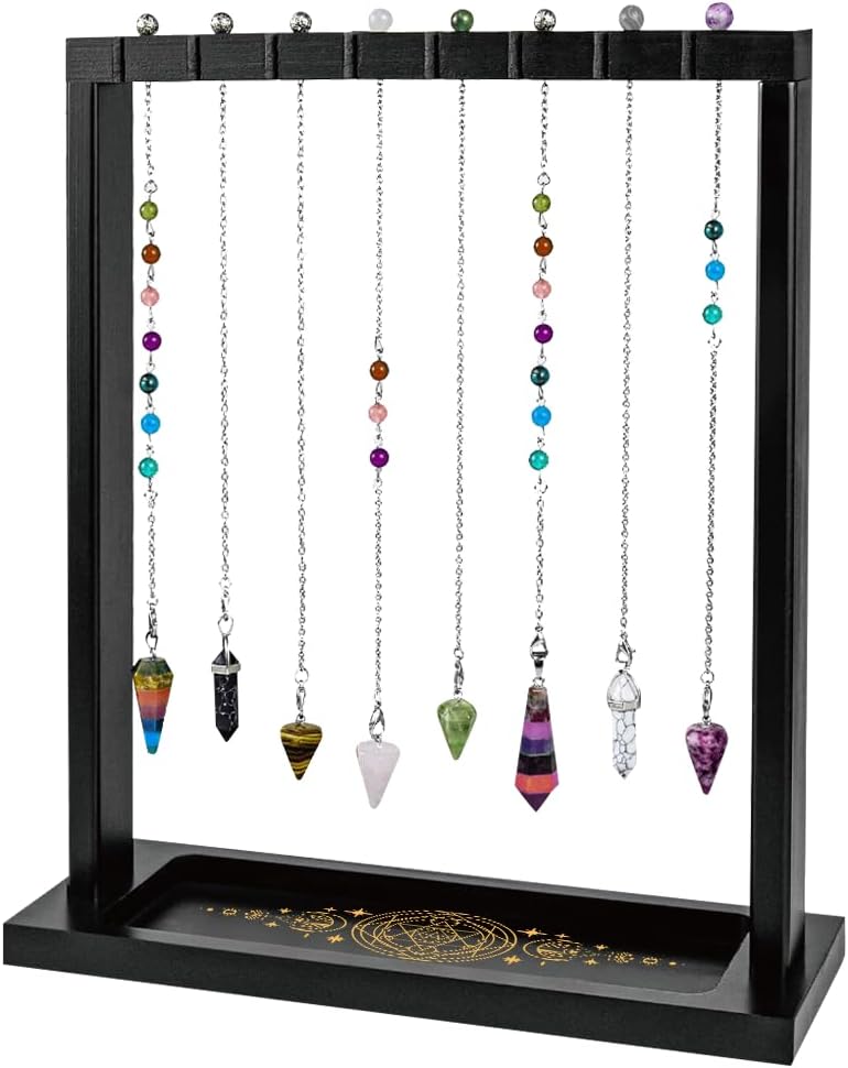 Pendulum Crystal Holder, Mandala Moon Design Wooden Crystal & Jewelry Display Stand Divination Pendulum Storage Rack Tabletop Organiser for Necklaces, Stones and Home Decor