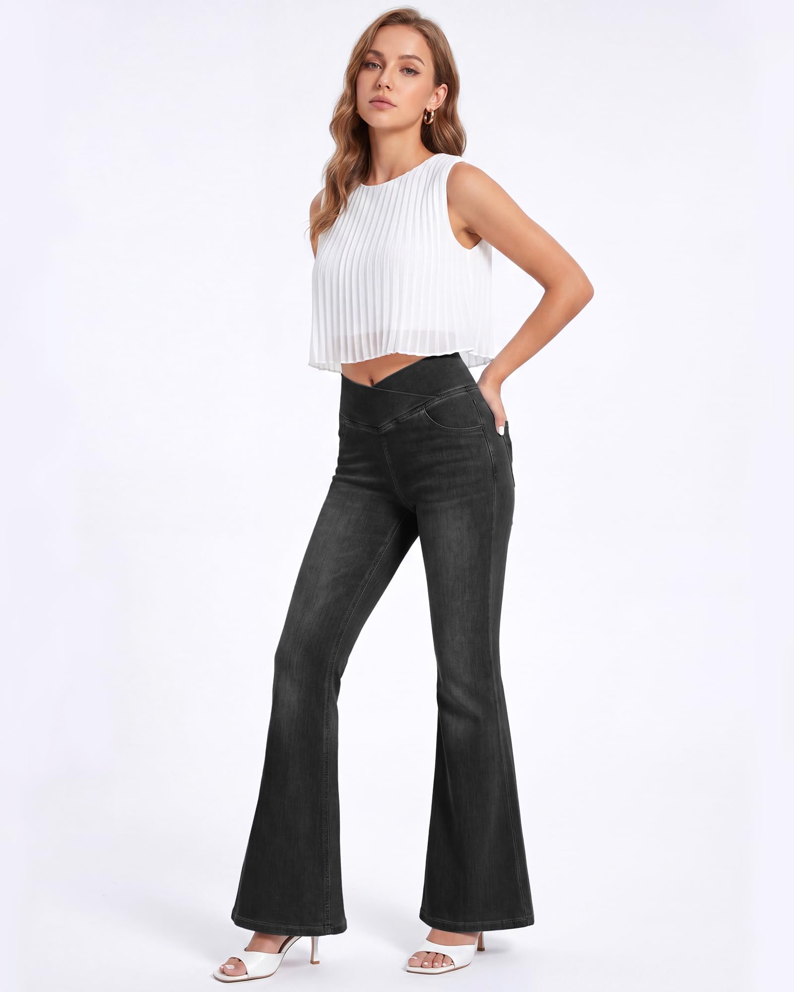 V Cross Bootcut Jeans Damen mit 4 Taschen, High Waist Schlaghose Damen Jeans Flared Jeans Hohe Leibhöhe Stretch Schlagjeans Ideal für Alltag Büro Party, Freizeit