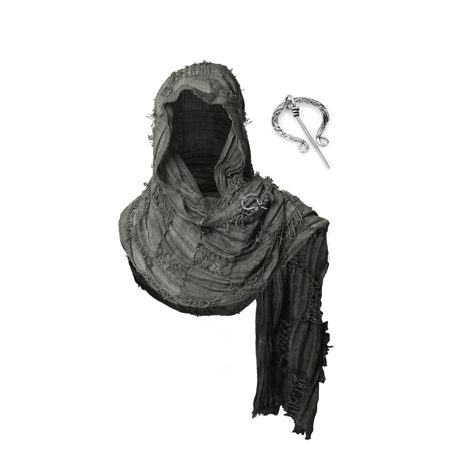 FSUJWOA Medieval Scarf Wrap Cape, Shoulder Scarf Long Scarf with Brooch, Renaissance Hooded Shaw, Shaman Hood (Darkgray)