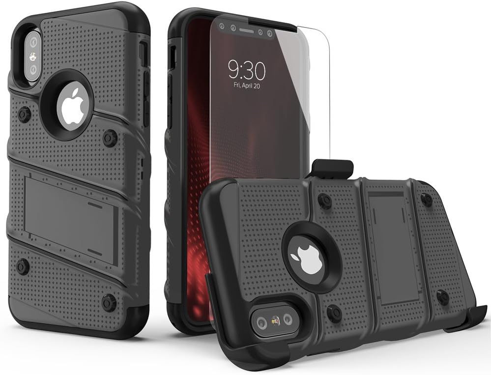 Zizo Bolt Series Compatible with iPhone Xs Max case Military Grade Drop Tested with Tempered Glass Screen Protector Holster Kickstand Gun Metal Gray
