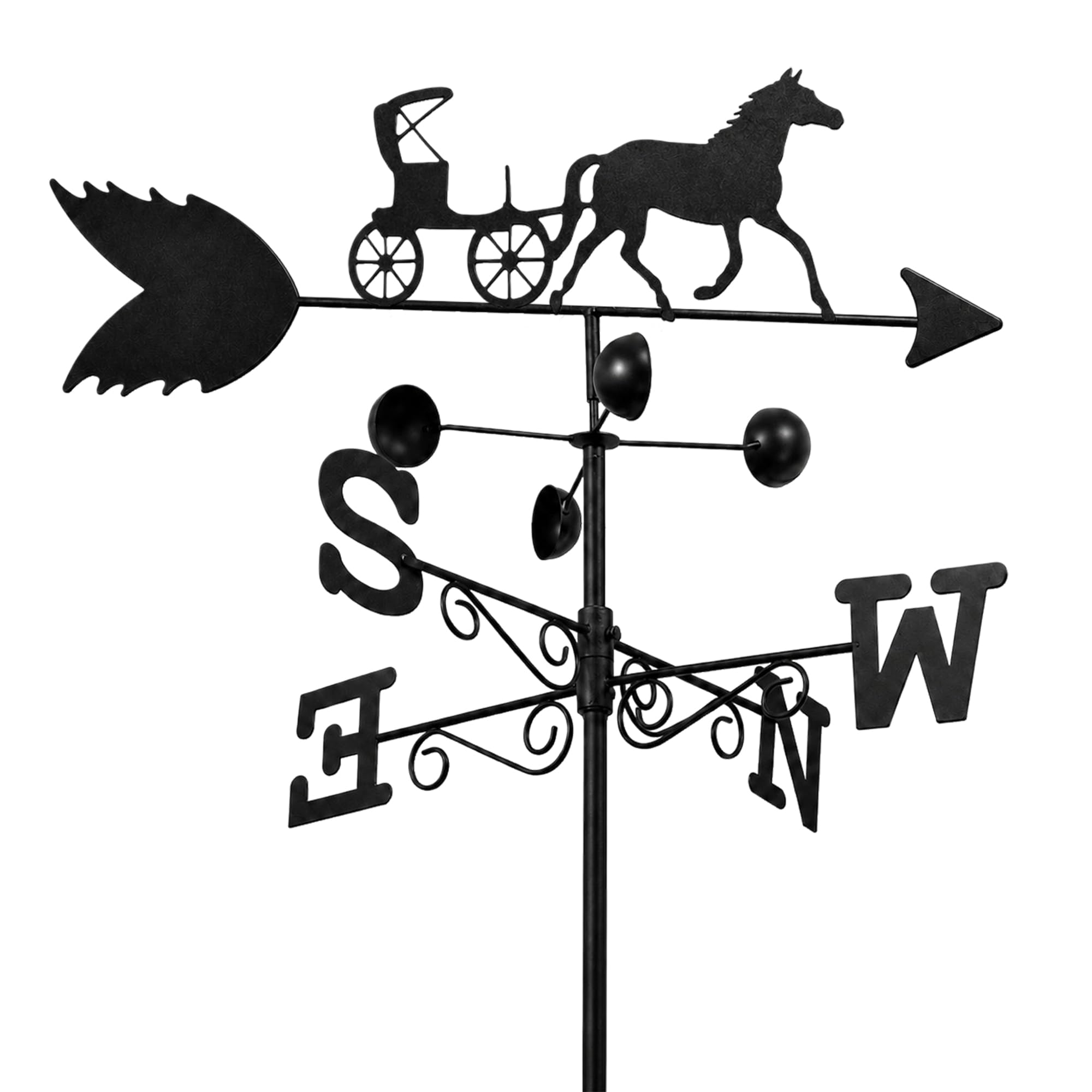 Garden Market Place Weathervane Horse & Carriage – Weather Vane with Wind Speed Cups, All-Steel Direction Indicator, Wall Fixings & Ground Spike, Black Vane for Garden, Shed, 50cm Wide, 1.7m Tall