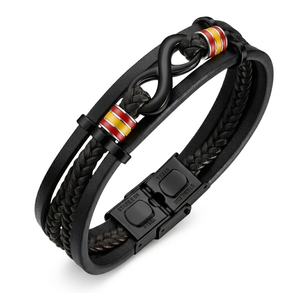 HOGALTHY Pulsera España cuero y acero inoxidable para hombre - Regalos Originales hombres- Pulseras bandera española 21 cm y cierre de seguridad - Brazalete infinito, cruz o guitarra