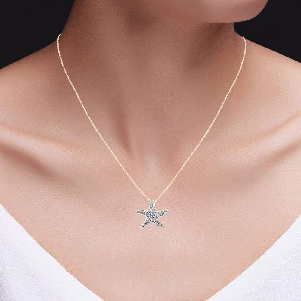 SAVEARTH DIAMONDS 1/10 CT.t.w Round Cut Lab Grown Diamond Starfish Pendant Necklace In 14k Gold Over Sterling Silver, 18" Chain (0.10 Cttw, G-H Color, VS-SI Clarity)
