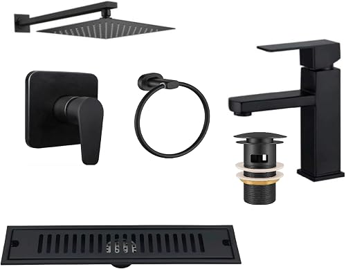 Shower Combo Square Black (Square Shower Mixer, Shower Head 20CM, Shower Arm 40CM, Basin Mixer, Basin Waste with Hole, Towel Ring, 60cm Shower Drain)