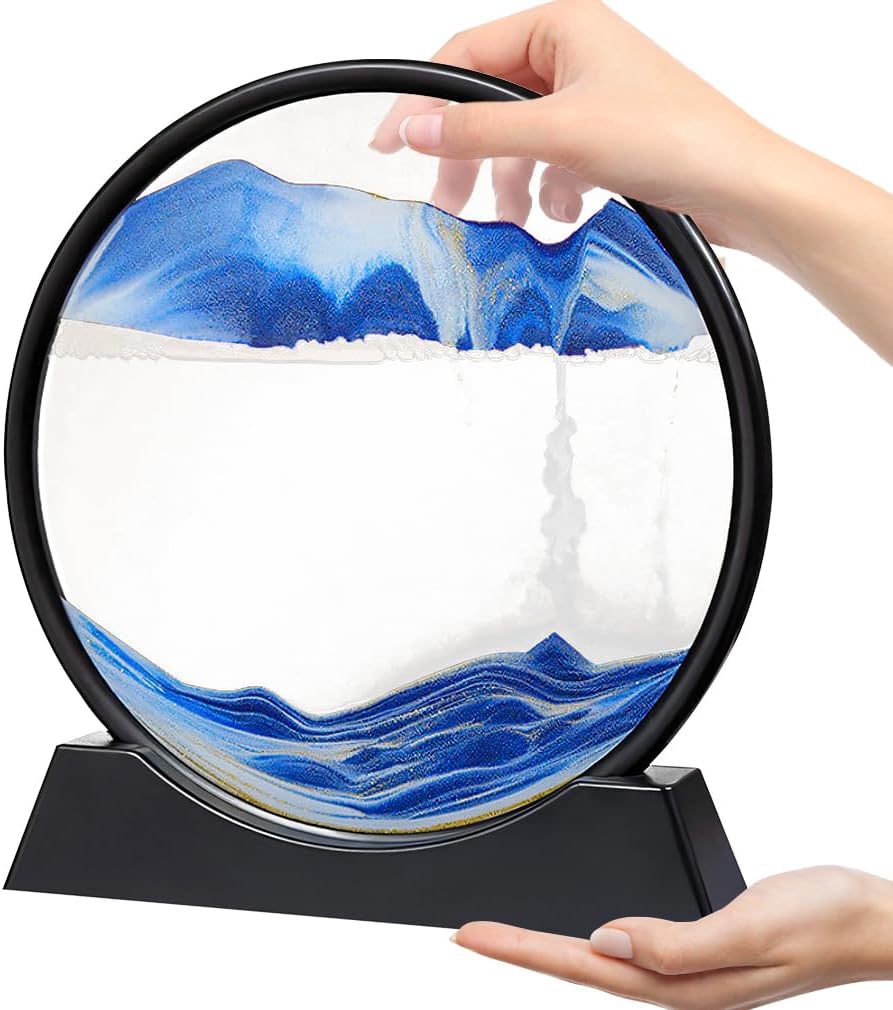 Cartlant Sand Art Pictures, 12 Inch Moving Sand Painting in Glass 3D Deep Sea Landscape, Round Display Frame Flowing Liquid Motion Scenery Relaxing Sculpture Ornament for Adults Room Office (Blue)