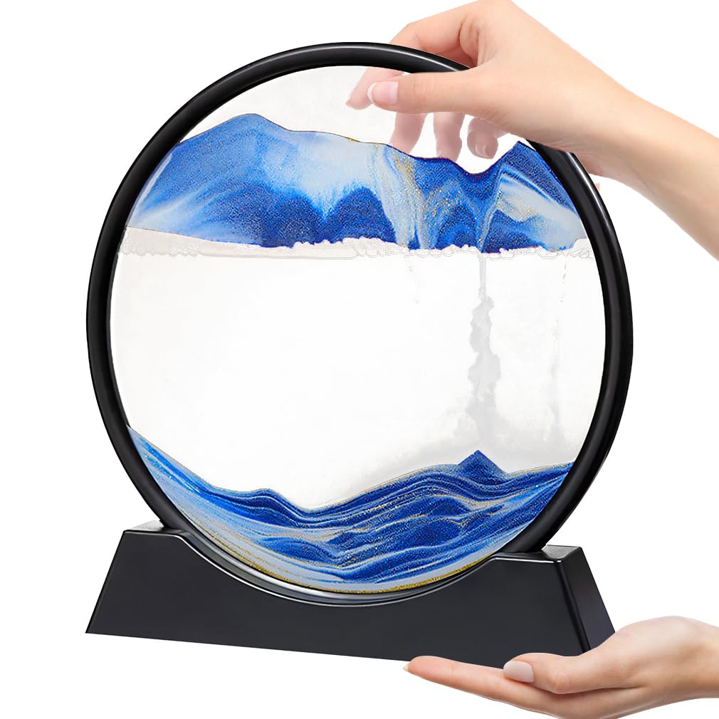 Cartlant Sand Art Pictures, 12 Inch Moving Sand Painting in Glass 3D Deep Sea Landscape, Round Display Frame Flowing Liquid Motion Scenery Relaxing Sculpture Ornament for Adults Room Office (Blue)