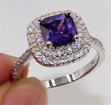Fashion Ring Cushion Cut 4ct 5A Zircon Stone 925 Silver Shiny Half Full Diamond Square Engagement Wedding Band Ring for Women Purple, 7