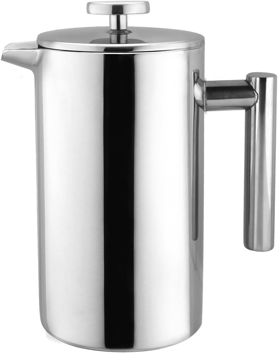 Bruntmor, KOBIA 34oz Double Wall 18/8 Steel French Coffee Press with Non Drip Spout