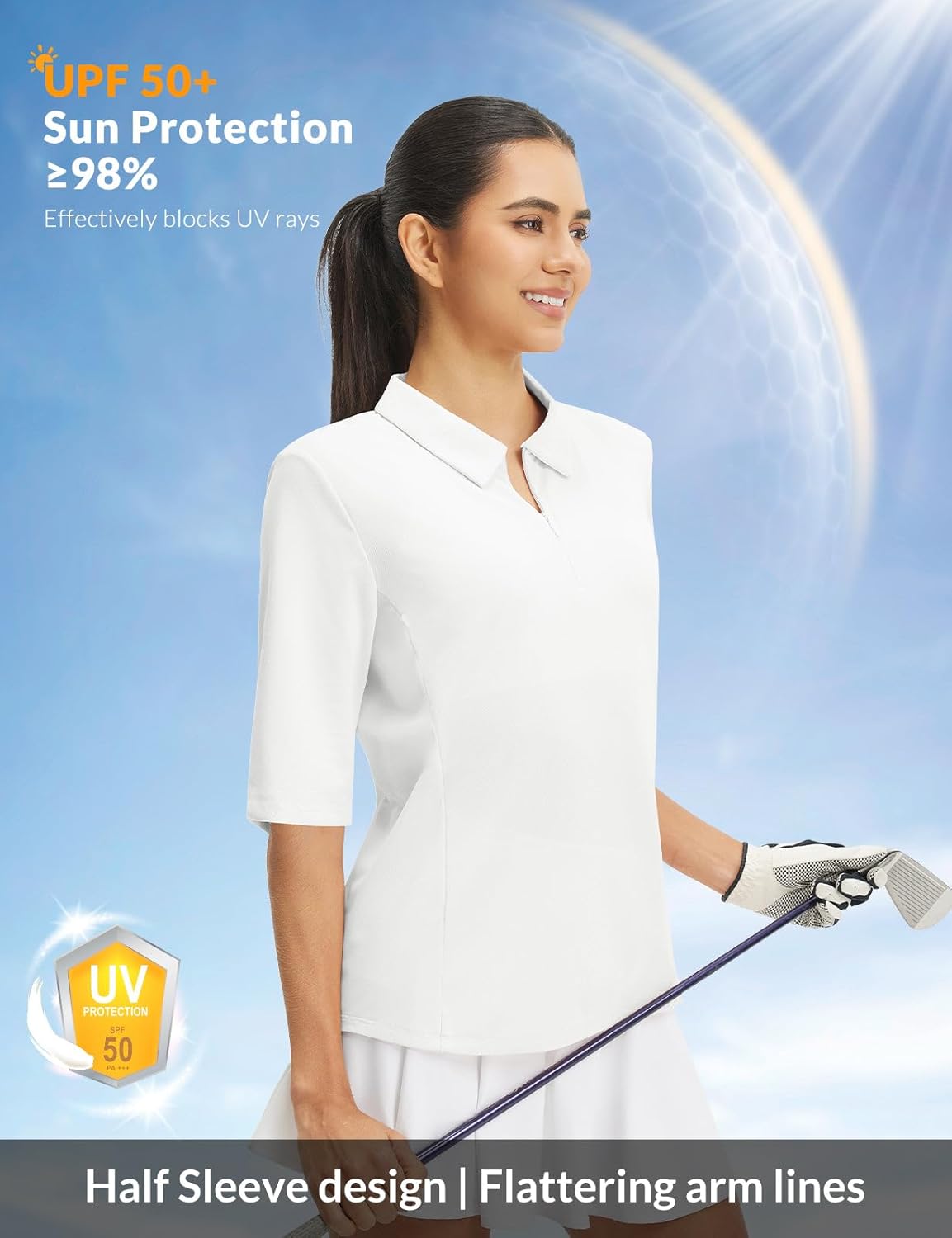BALEAF Women's Golf Shirts Half Sleeve Quarter Zip Collared Polo Tops Quick Dry V Neck UPF 50+ Workout Shirt - Image 3