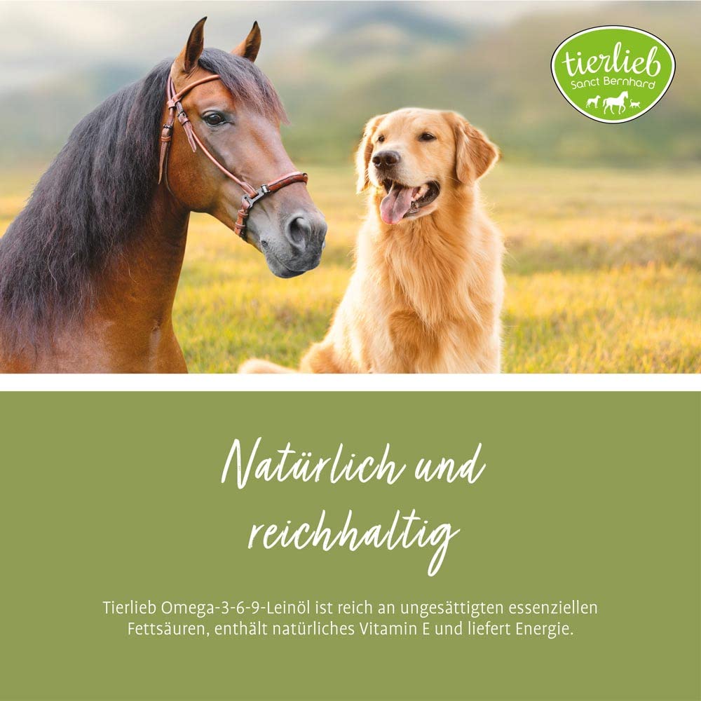 Tierlieb Omega-3-6-9 Aceite de linaza para caballos y perros, rico en ácidos grasos esenciales insaturados, con vitamina E natural, 1 litro