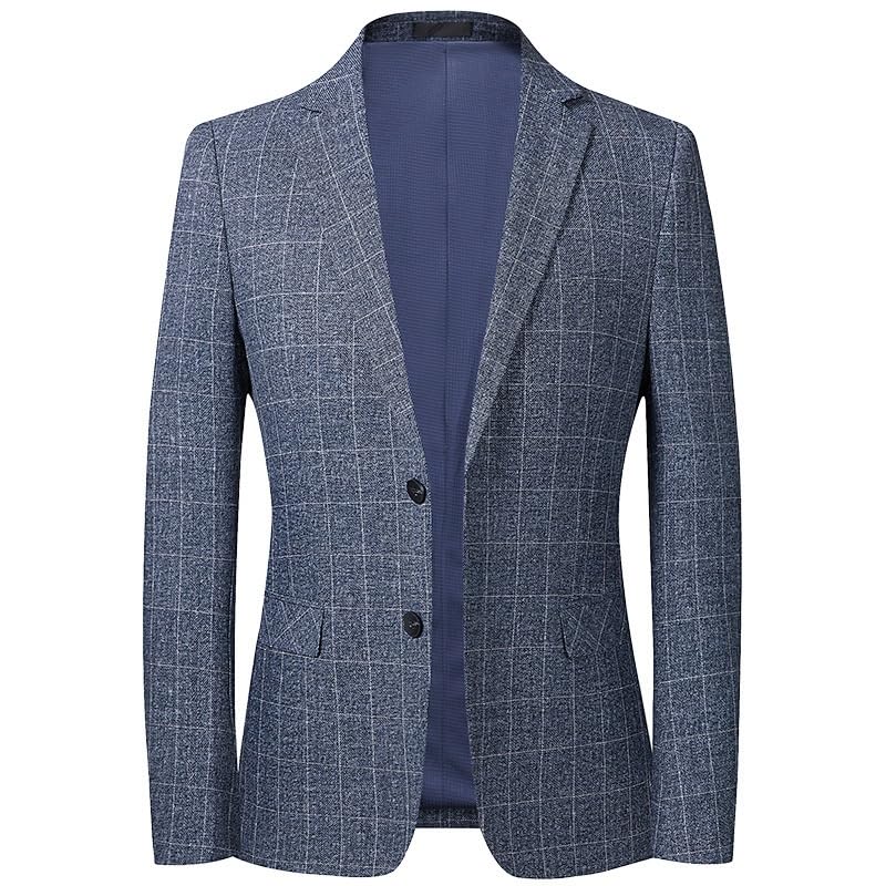 Blue Plaid Knit Men Business Two Button Suit Jacket Regular fit Casual Sport Coat Mens
