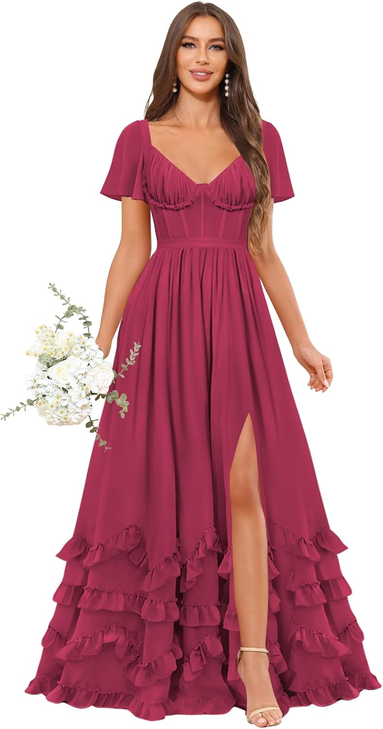 Short Sleeve Bridesmaid Dresses Corset Chiffon V-Neck Ruffled Long Slit Formal Wedding Guest Dress