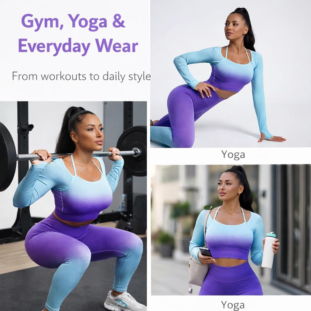 Women's Fitness Gym Outfit Yoga Crop Top & High Waisted Leggings Ombre 2 Pc Set