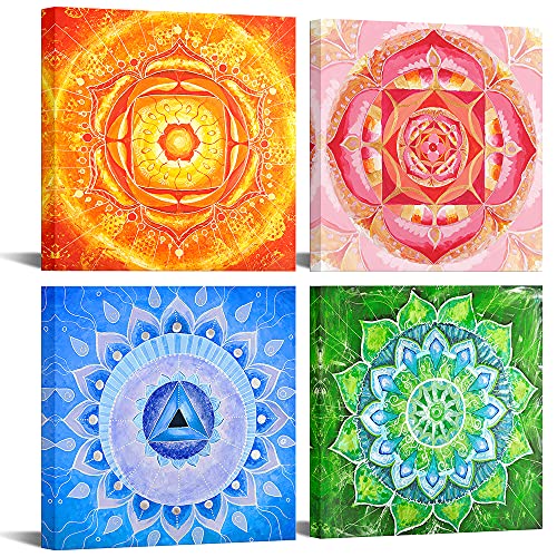 VANSEEING 4-teiliges buntes Mandala-Blumen-Leinwandbild, hübsche Wanddekoration, böhmische Bilddrucke, abstraktes Kunstwerk, gespannt für Wohnzimmer, Schlafzimmer, Dekoration, 30,5 x 30,5 cm, 4 Stück Cover
