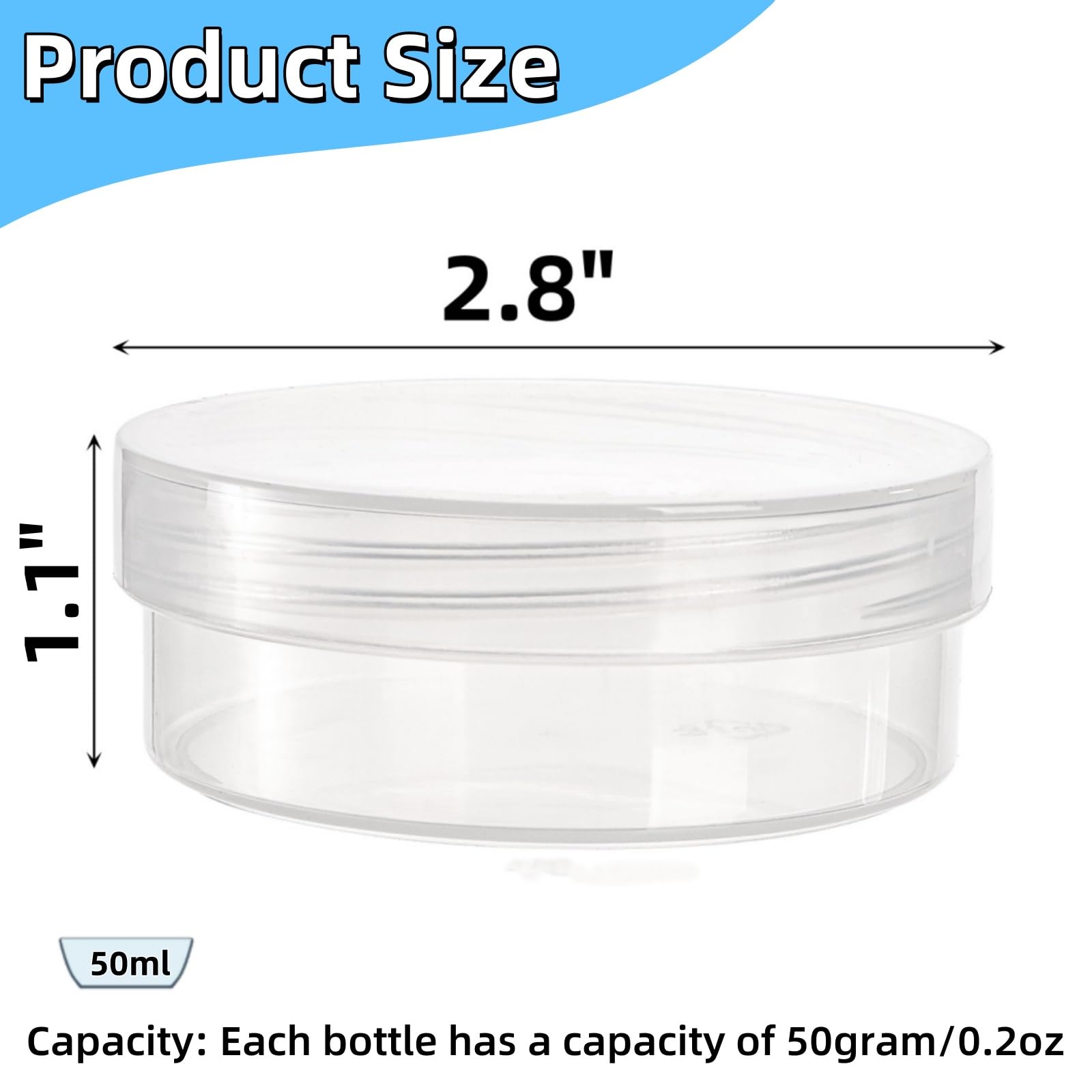 Covzoe 50 recipientes redondos transparentes, caja de muestra de plástico de 50 g con tapas de rosca, pequeños recipientes de viaje a prueba de fugas, tarros de cosméticos recargables, contenedores de