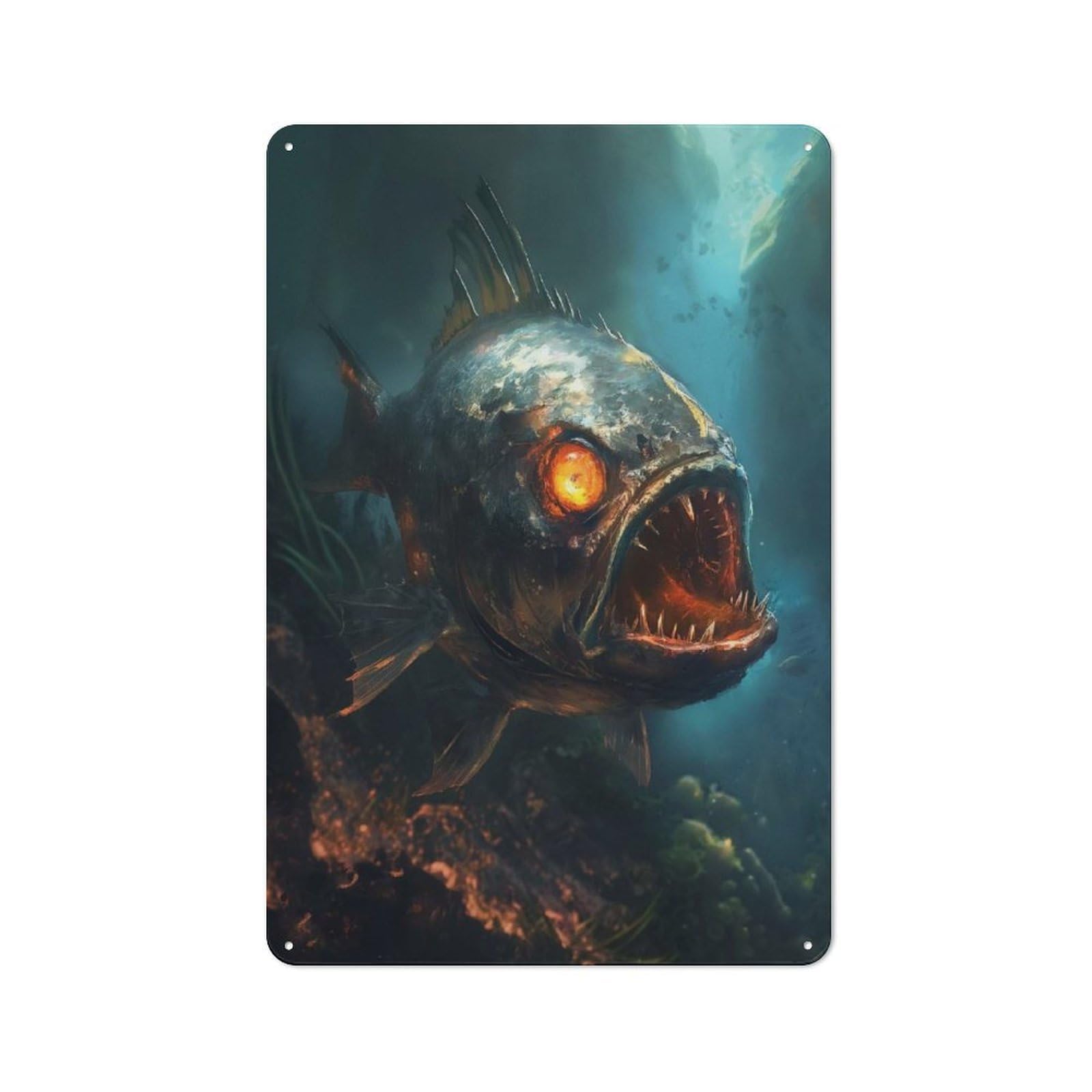 Junmoney Style-17 Industrial Horror Piranha Dark Demon Decorative Metal Plaque 30X20cm, Studio Wall Art For Flat, Bar, Studio Or Gallery Wall