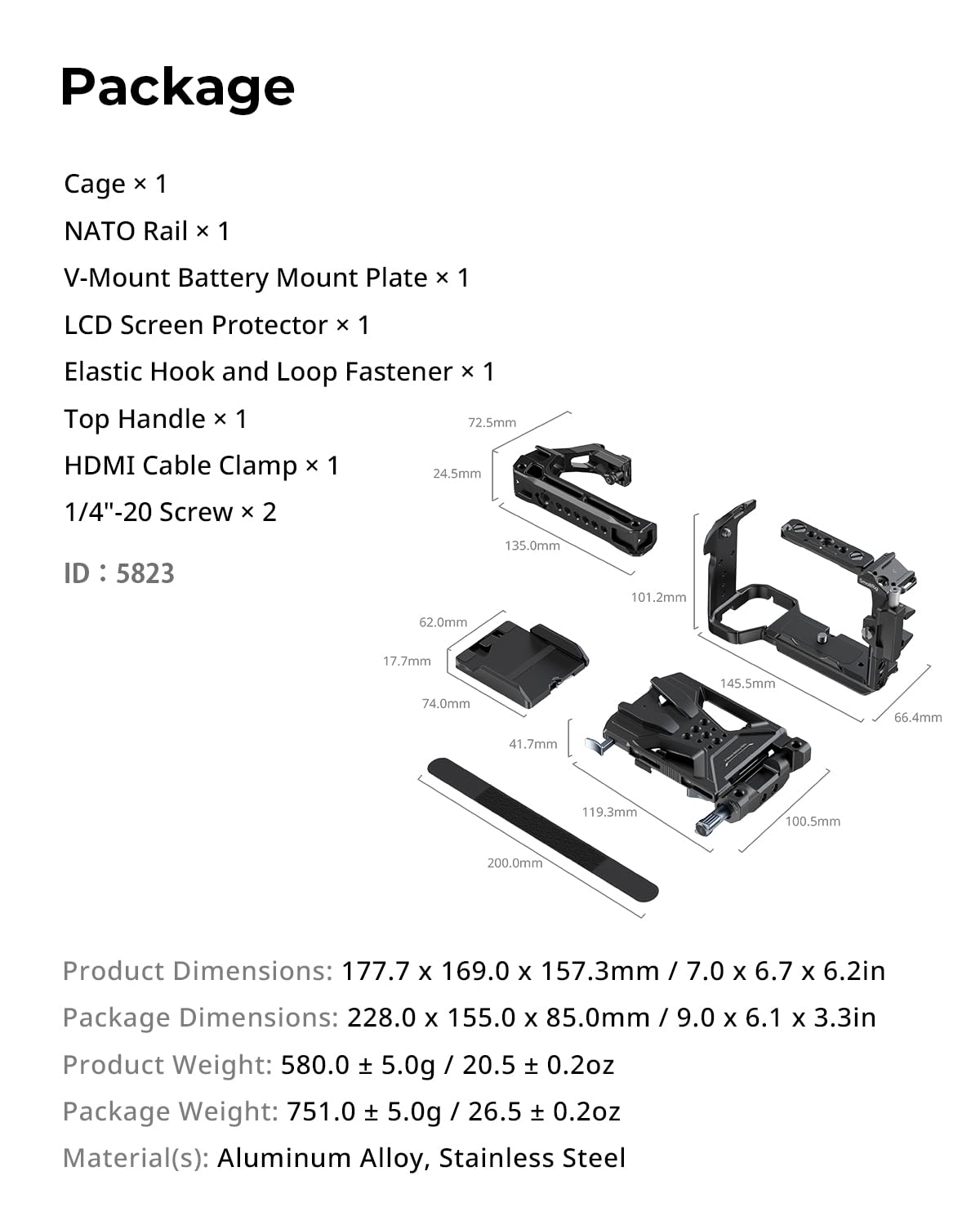 SMALLRIG Kit Cage pour Sony FX3/FX30 Comprenant Cage, Plaque de Montage Batterie V-Mount, Protection d'Ecran LCD, Poignée Supérieure, Serre-Câble HDMI et Rail NATO - 5823