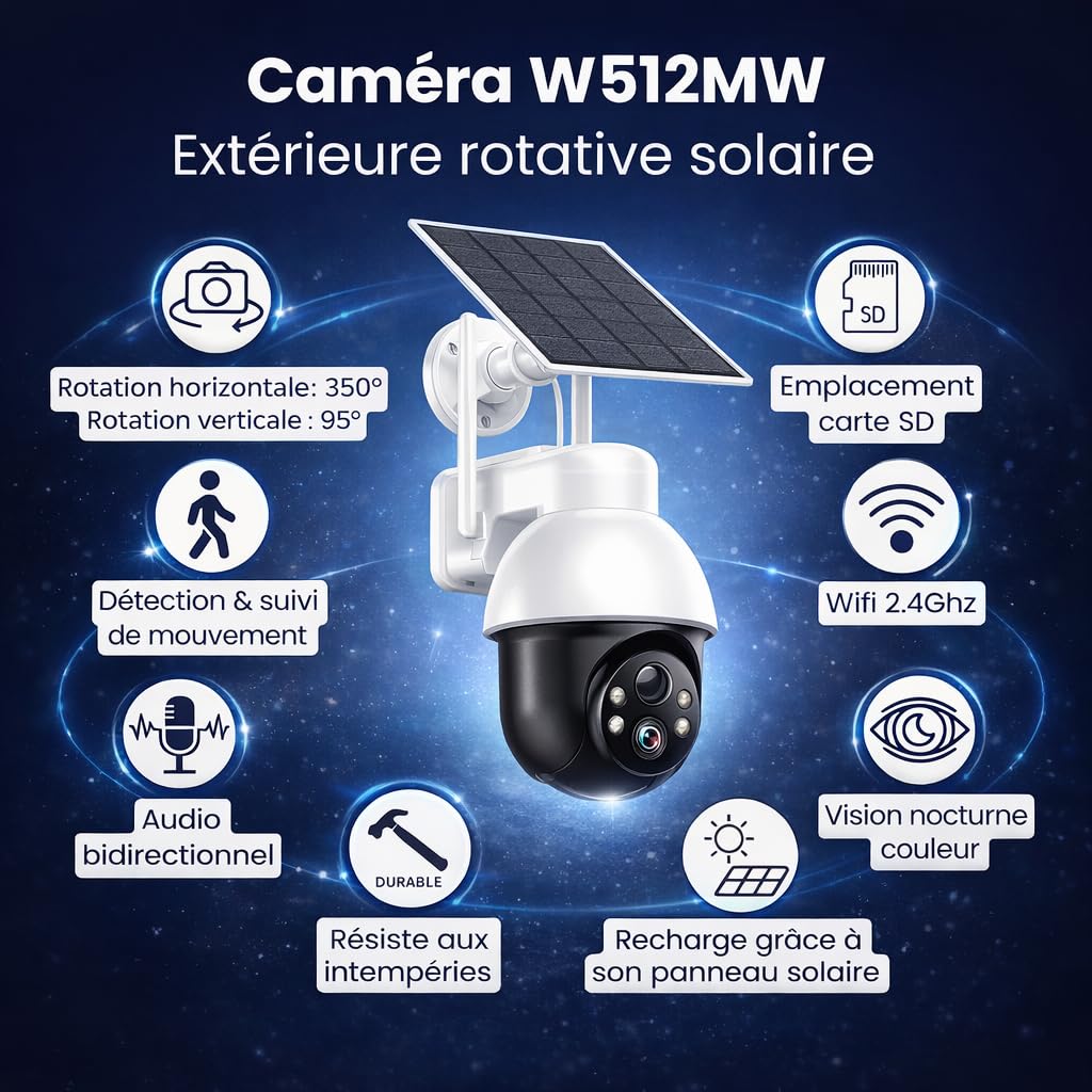 Daewoo Camera Surveillance Exterieure W512MW – Pack de 2 – Rotative – Solaire – Vision Nocturne Couleur – Detection Mouvement – WiFi – Compatible Alarme