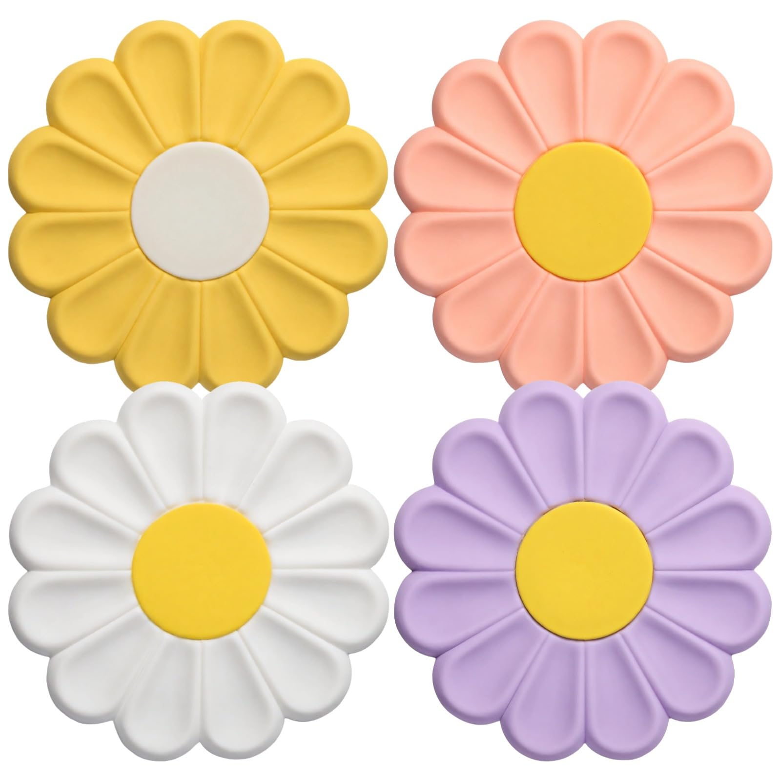 Lot de 4 dessous de plat en silicone résistant à la chaleur Motif marguerites Blanc/jaune/violet
