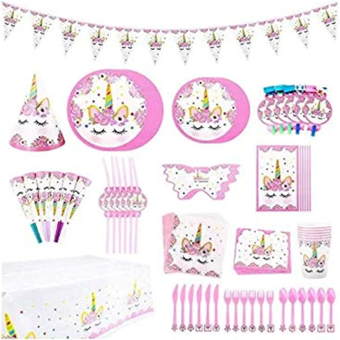 SKEIDO (90 pack) Unicorn Themed Party Supplies Set Girl Birthday Decorations Disposable Tableware For Kids Table Cover Napkins Plates Cups Banner Invitation Cards Party Favor (Pink Unicorn)-s