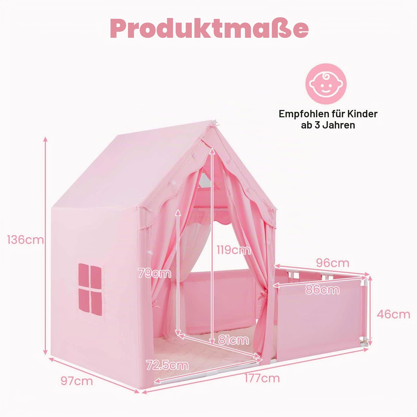 HOMASIS Spielzelt Indoor, 2 in 1 Spielhaus mit Laufgitter, Matte, Sternlichtern & Fenster, Kinderzelt aus Baumwolle, Kinder Zelt Kinderhaus für ab 3 Jahren, Kinderspielzelt für Kinderzimmer (Rosa)