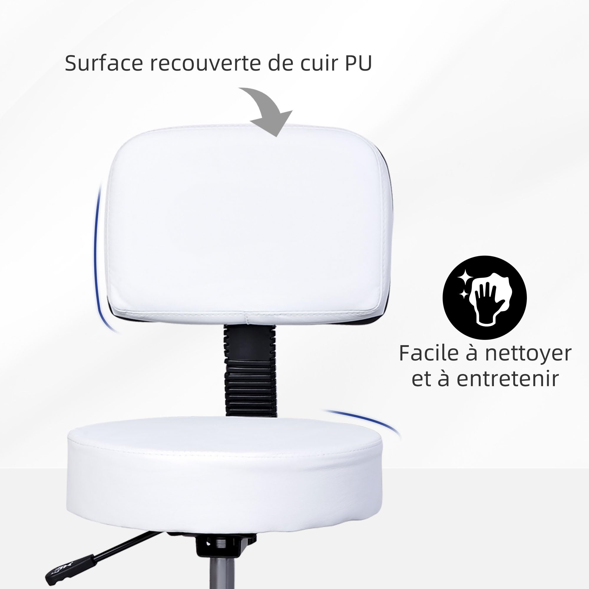HOMCOM Tabouret Massage à roulettes réglable en Hauteur pivotant avec Dossier Ergonomique Blanc