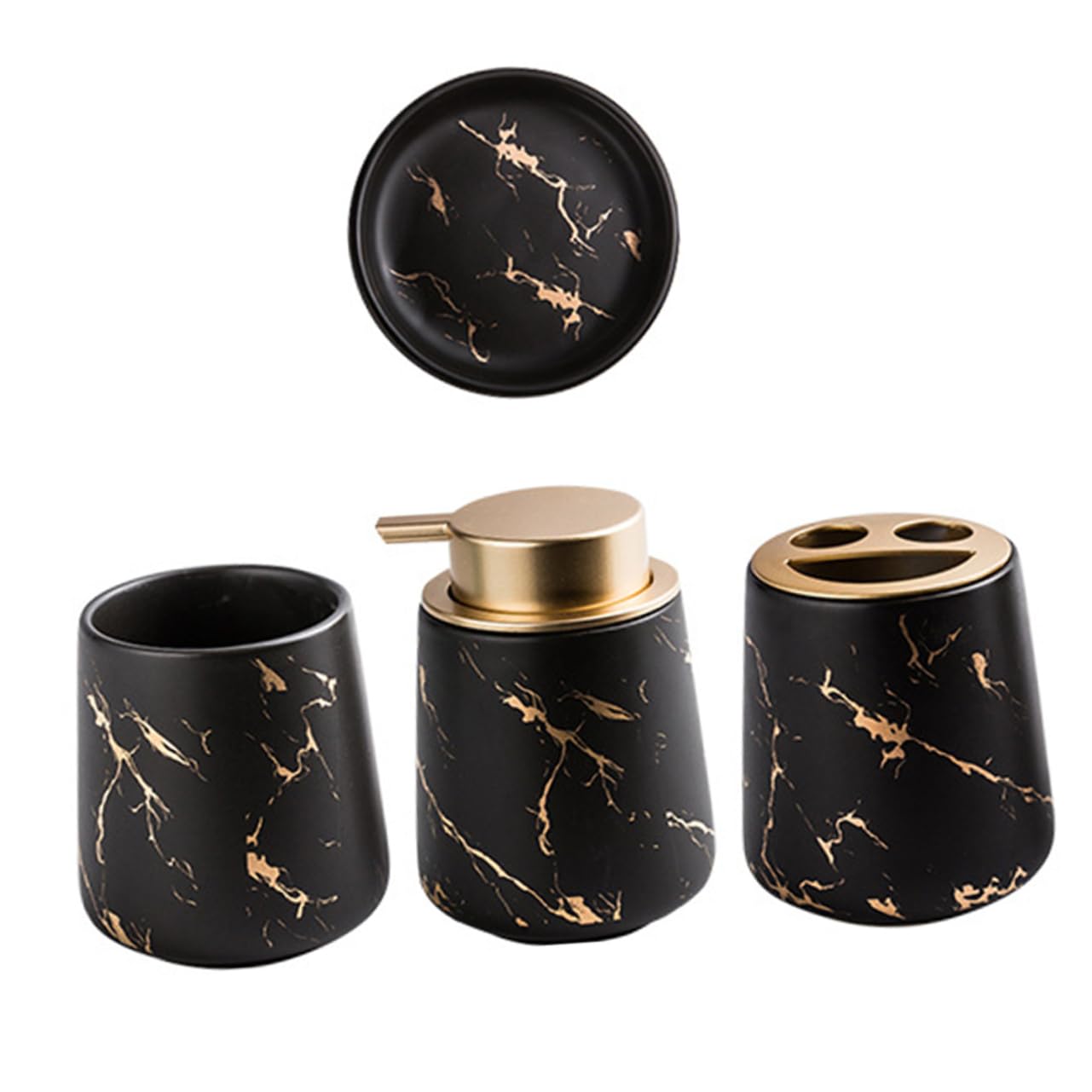 Juego de Accesorios de Baño Vaso para Cepillos de Dientes, Jabonera de Cerámica, Acabado Mármol Negro Mate, Set 4 Piezas, Adecuado para Baño y Organización Sanitaria