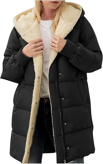 ZHOUYF Womens Winter Long Down Coats Thicken Warm Padded Hooded Cotton Outerwear Zip Up Fleece Lining Quilted Puffer Jackets