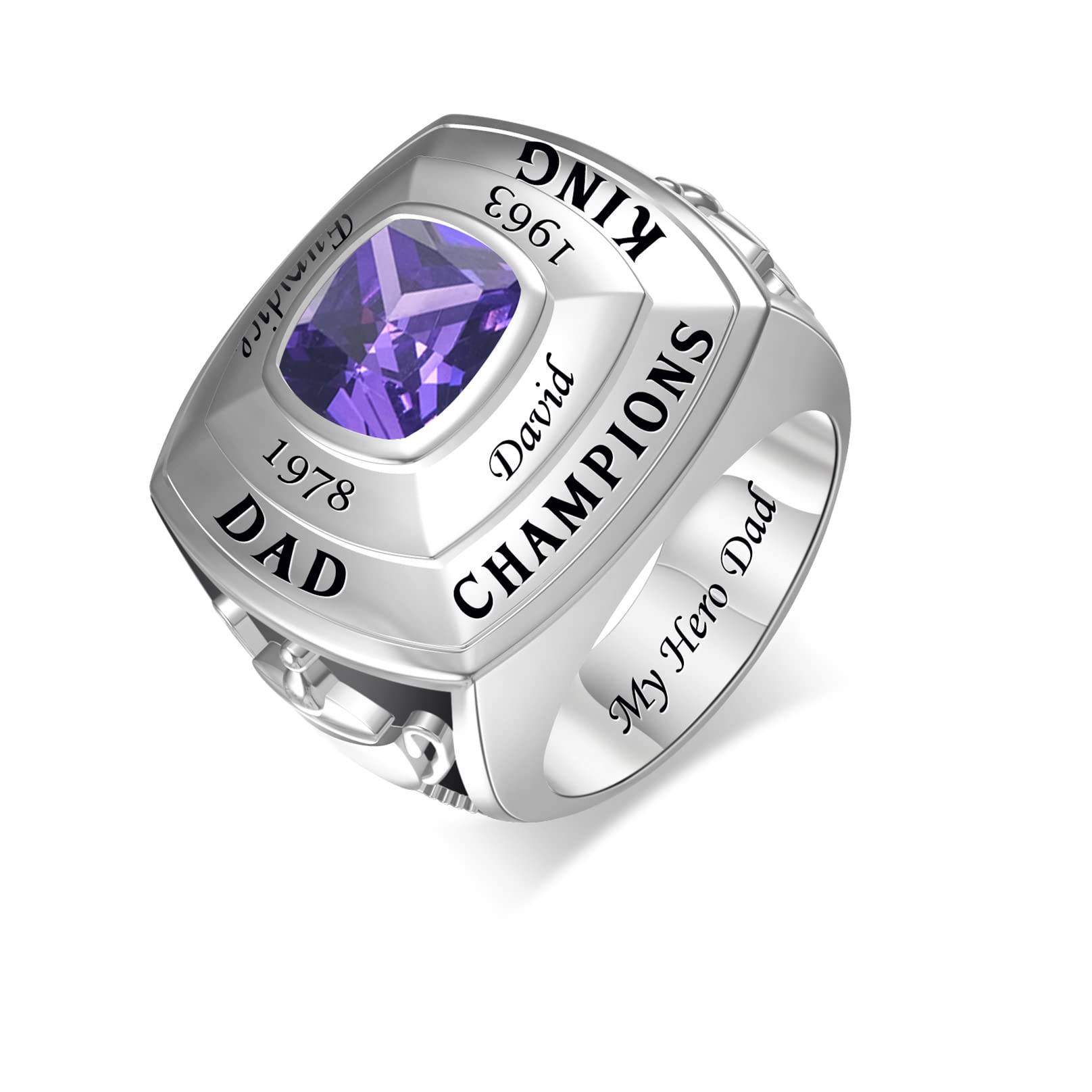 QWBV NELO Personalized Champion Ring 925 Sterling Silver Gemstone Ring Custom Engraved Ring Father Birthstone Ring for Dad Husband Son for Birthday