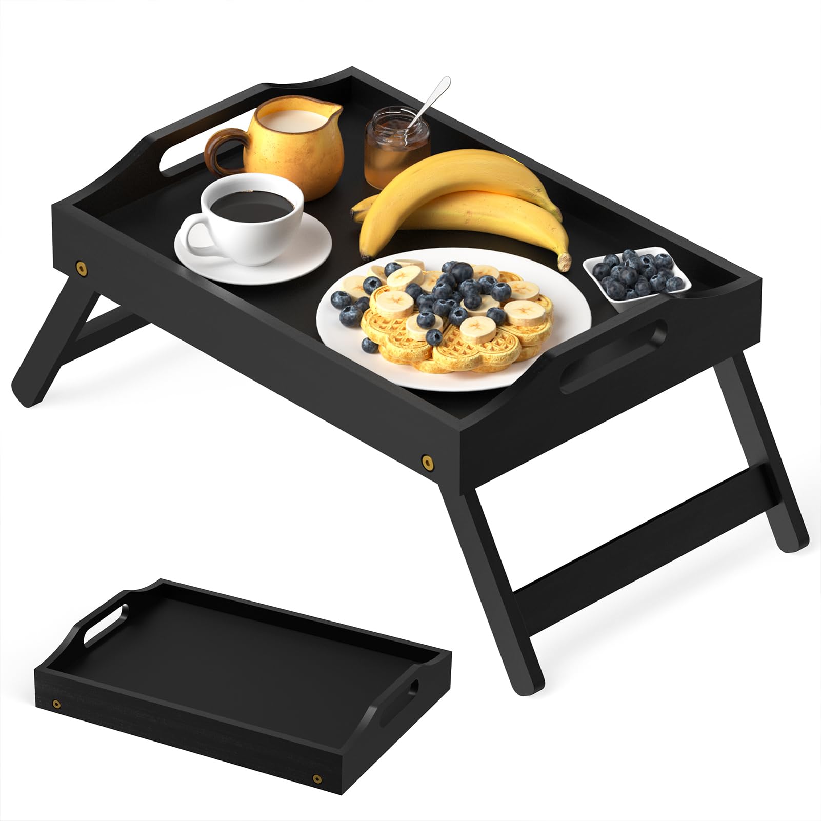 Mayyol Plateau de petit-déjeuner pour manger – Table pliable pour ordinateur portable – Plateau de service surélevé portable en bambou – Plateau de collation avec pieds pliants, manger pour chambre,