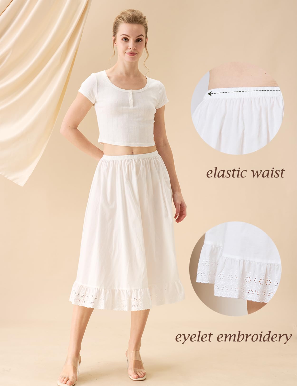 BEAUTELICATE Enagua Mujer 100% Algodón A-Line Falda Interior con Encaje en Dobladillo Volantes Antiestática para Falda Larga de Verano Vestidos
